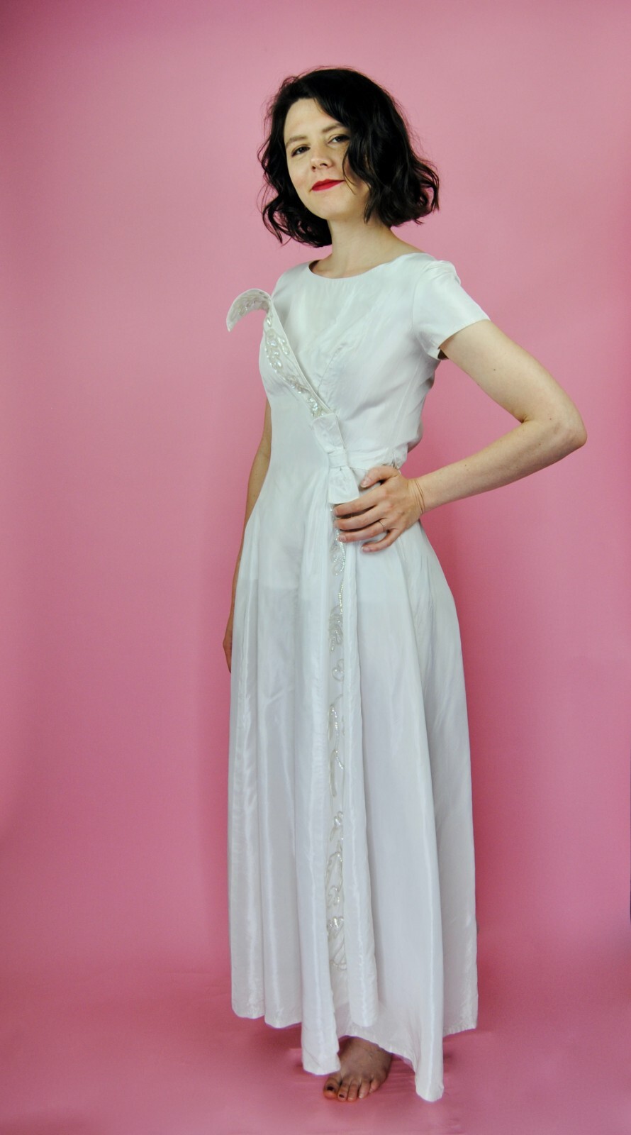1960s Vintage Emma Domb Ivory Wedding Gown Cotillion Formal Sequin Dress XXS XS
