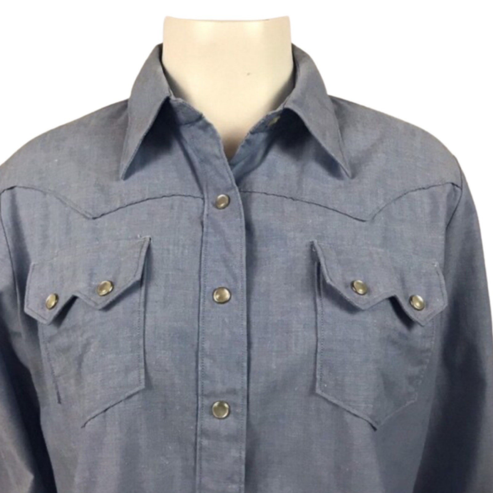 Vintage 70s Chambray Western Shirt Pearl Snap Buttons Denim Shirt Medium ^