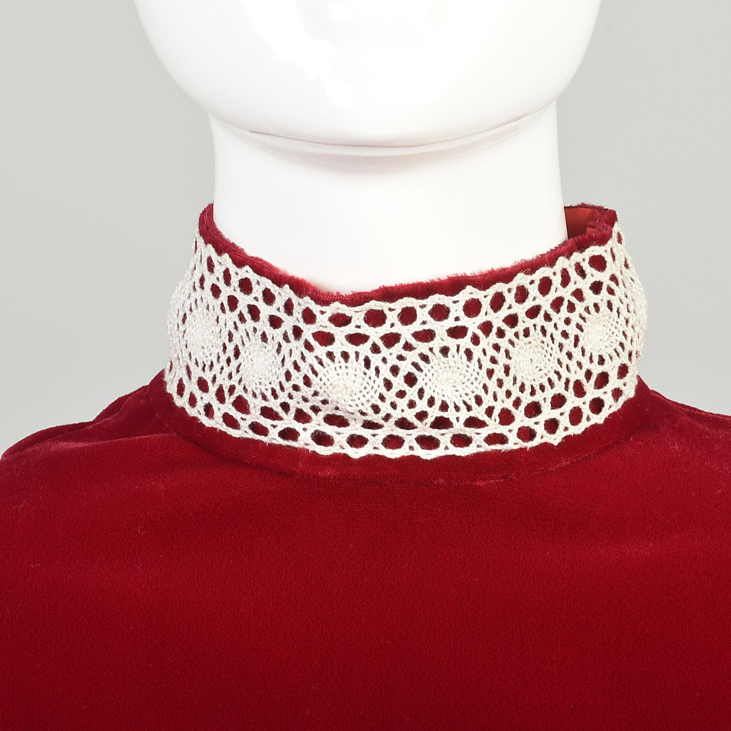 XS 1970s Red Velvet Dress Long Juliet Sleeve Empire Waist Lace Trim Formal Maxi