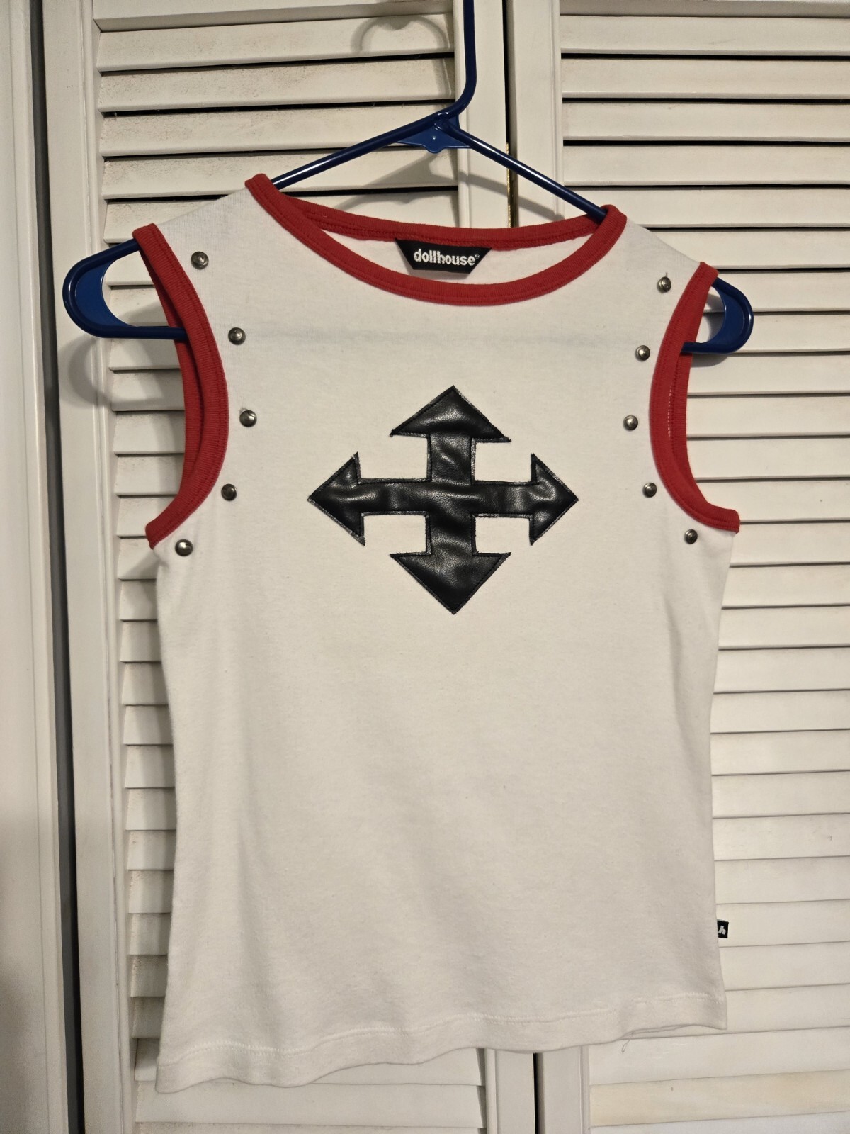 Vintage Dollhouse Shirt White Red Black Leather Arrows Heart Studs Small SAMPLE?