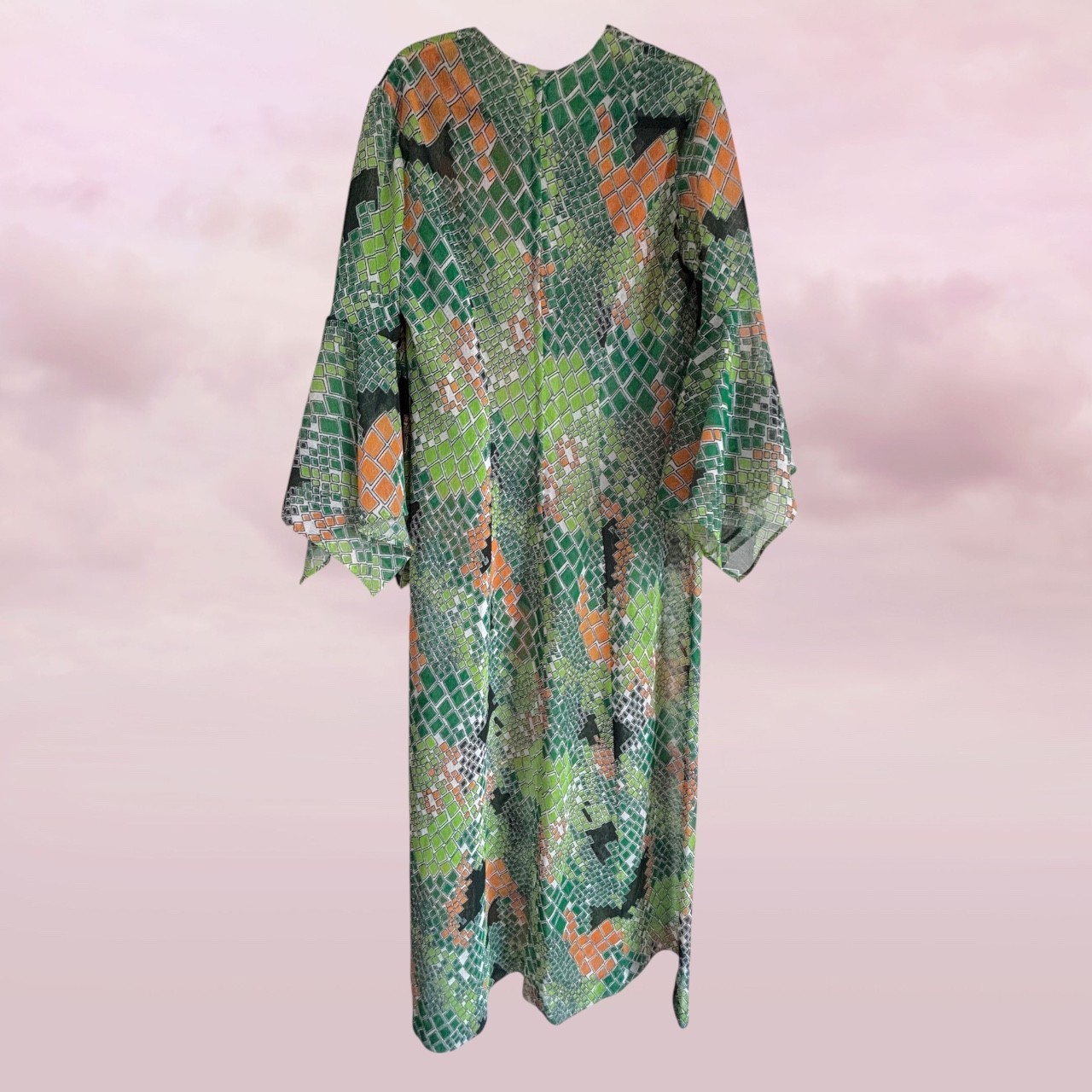 Vintage 70s Cést si bon Creations Psychedelic Maxi Dress Bell Sleeve Mod Boho L