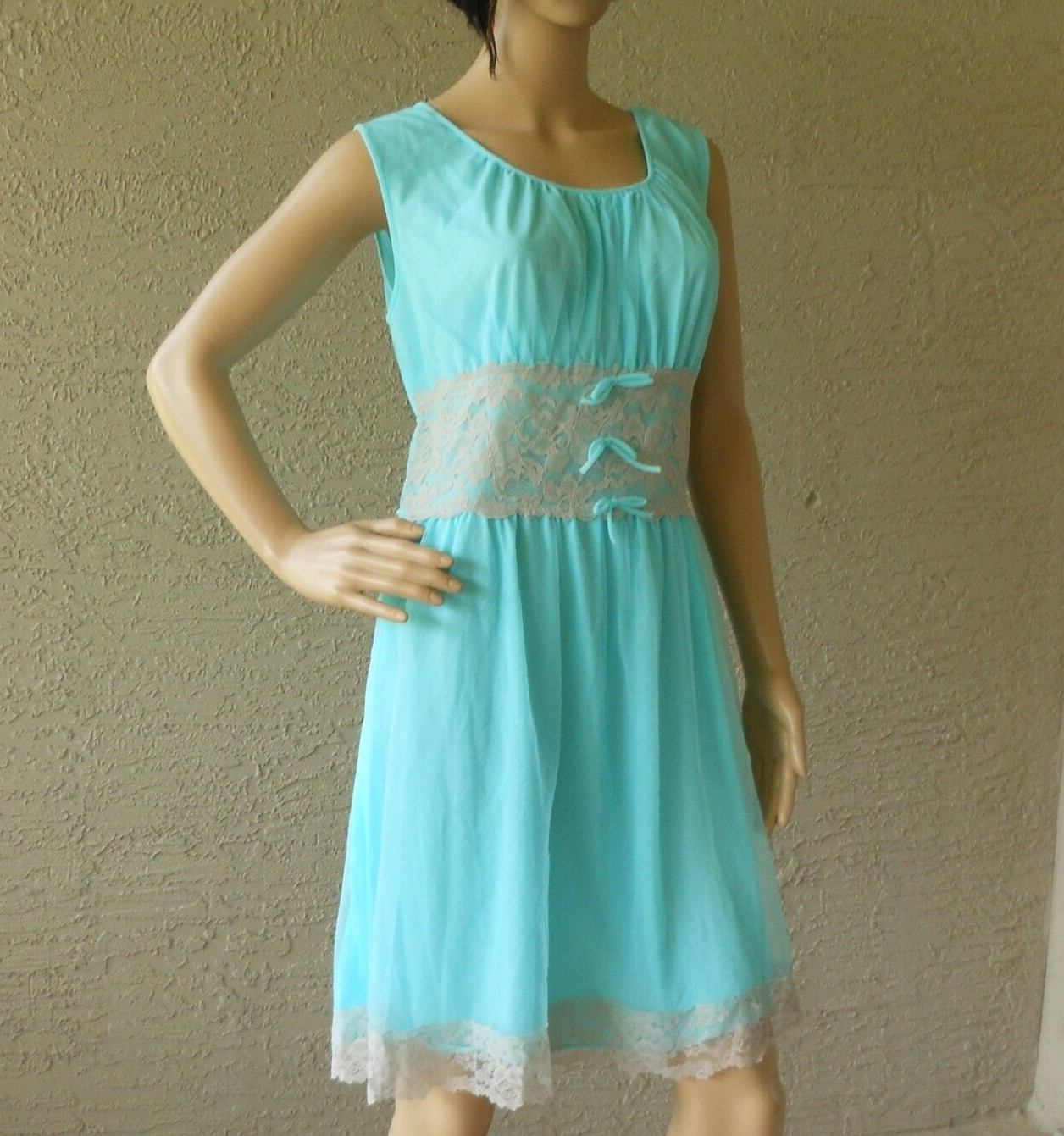 Vintage 70s Aqua Blue Nightie Size M/L Sheer Chiffon Lace Negligee Boudoir