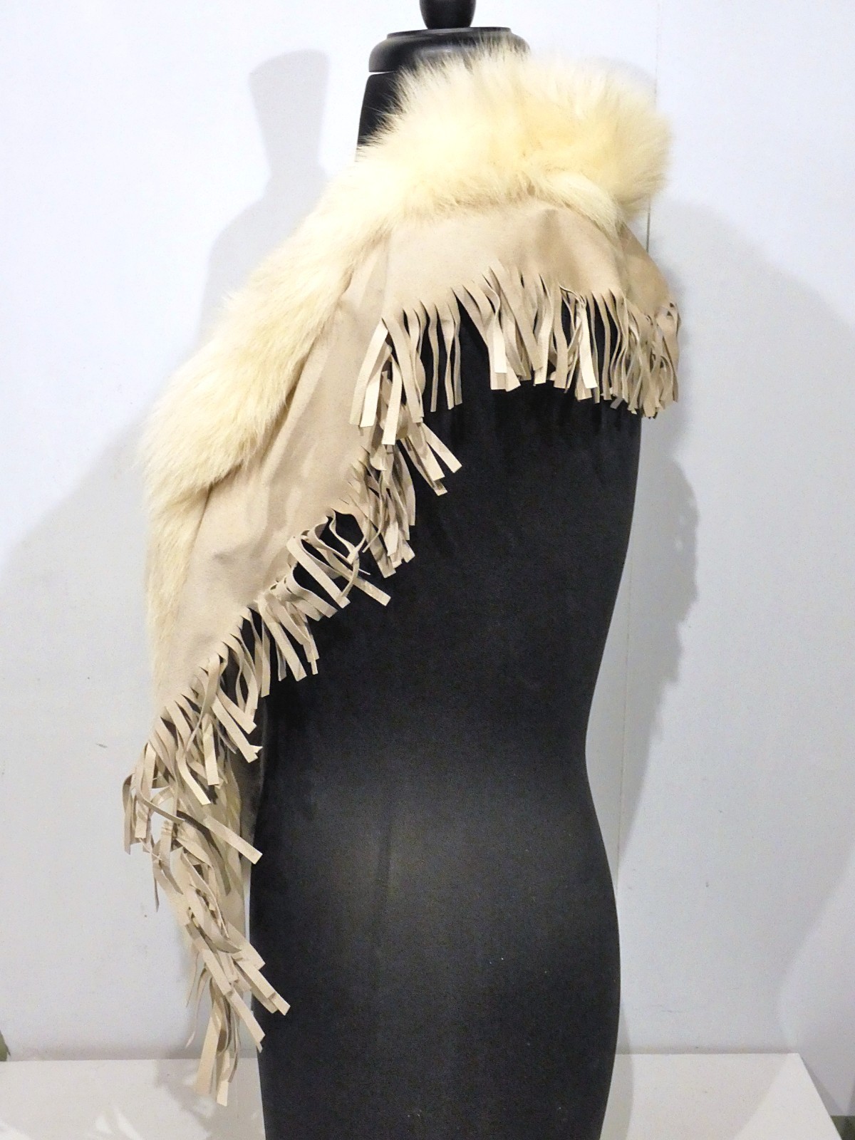 Luc Desrosiers Tan Leather White Fur Frilled Shawl Cape Signed Authentic