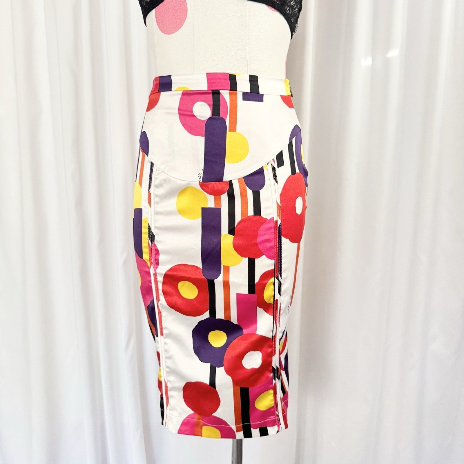 Vintage Y2K Roberto Cavalli Colorful Abstract Shape Silky Midi Skirt Medium Rare