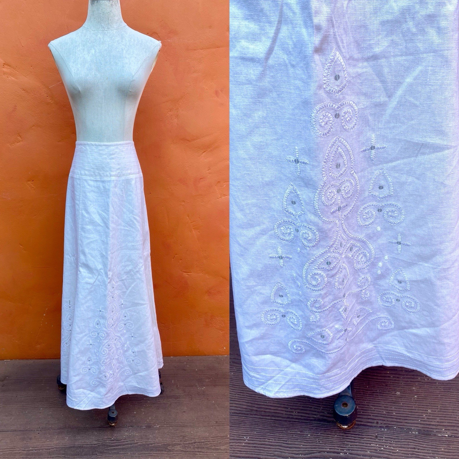 Vintage Edwardian Style Maxi Skirt Linen Embroidered Cottagecore Dark Academia