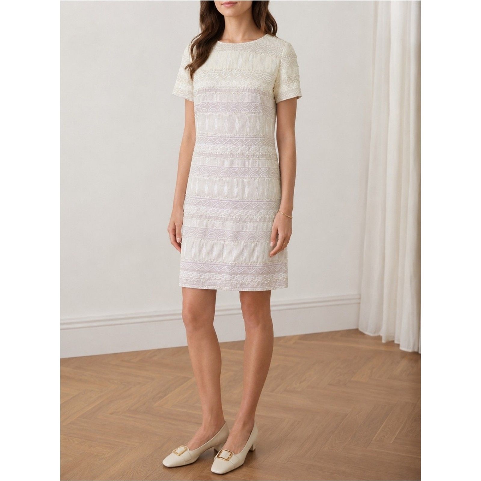 Vintage Cream Brocade Sheath Dress 60s Mod Texture Short Sleeve Shift Size Small