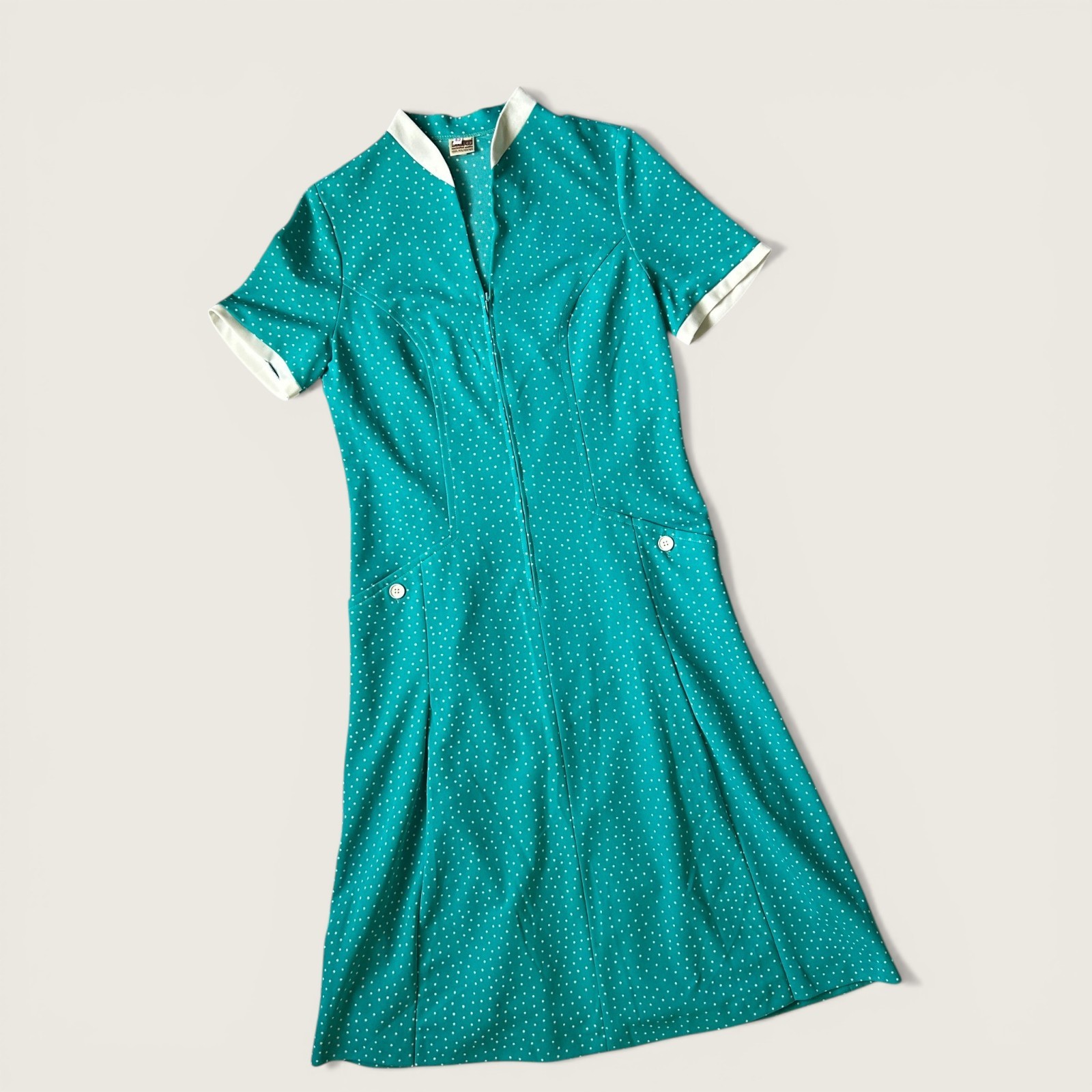 Vintage 1970s Diolen Teal Polka Dot Zip Front Dress Mod Midi Size 42