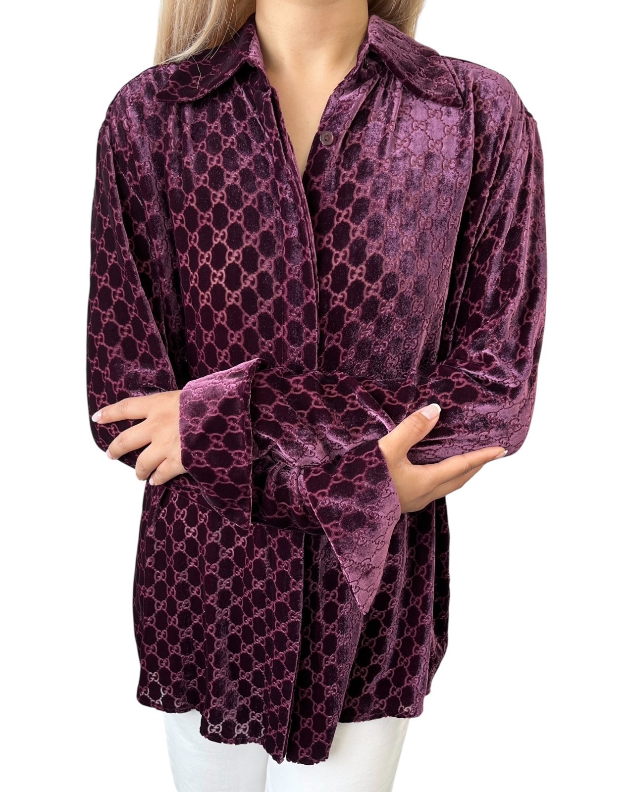 GUCCI Vintage GG Monogram Logo Velour Button Up Shirt Top Purple Silk