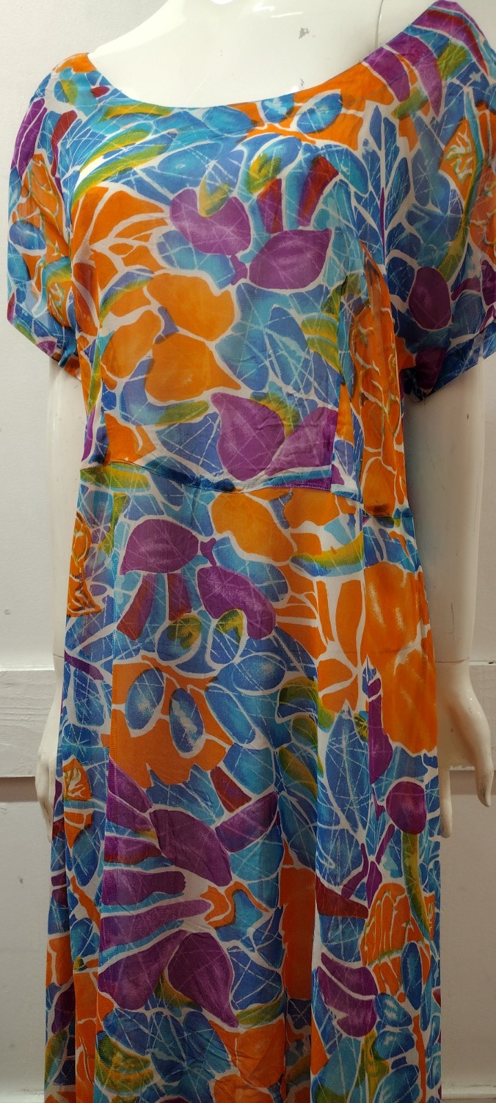 Vintage Sheer Midi Orange Dress Blue Rayon Sundress Sleeve Flowy S/M New 90s Tag