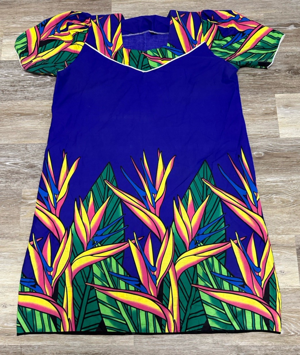 VTG 70s Hawaiian Dress Muumuu Tropical Bird Of Paradise Hand Made M Sz L EUC