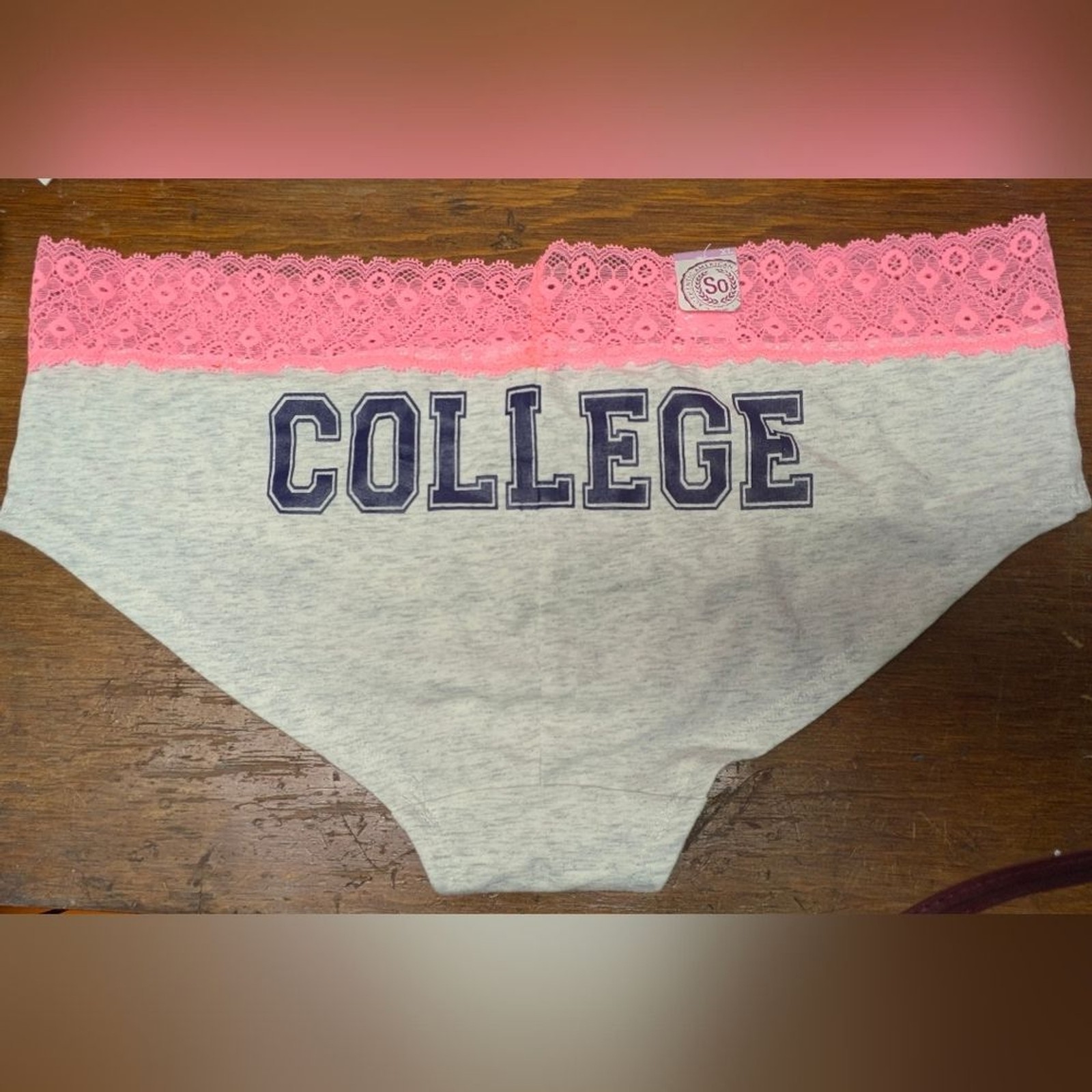 SO XL Lace Trim Hipster Panties, Heather Gray Coral Waistband College Bottom