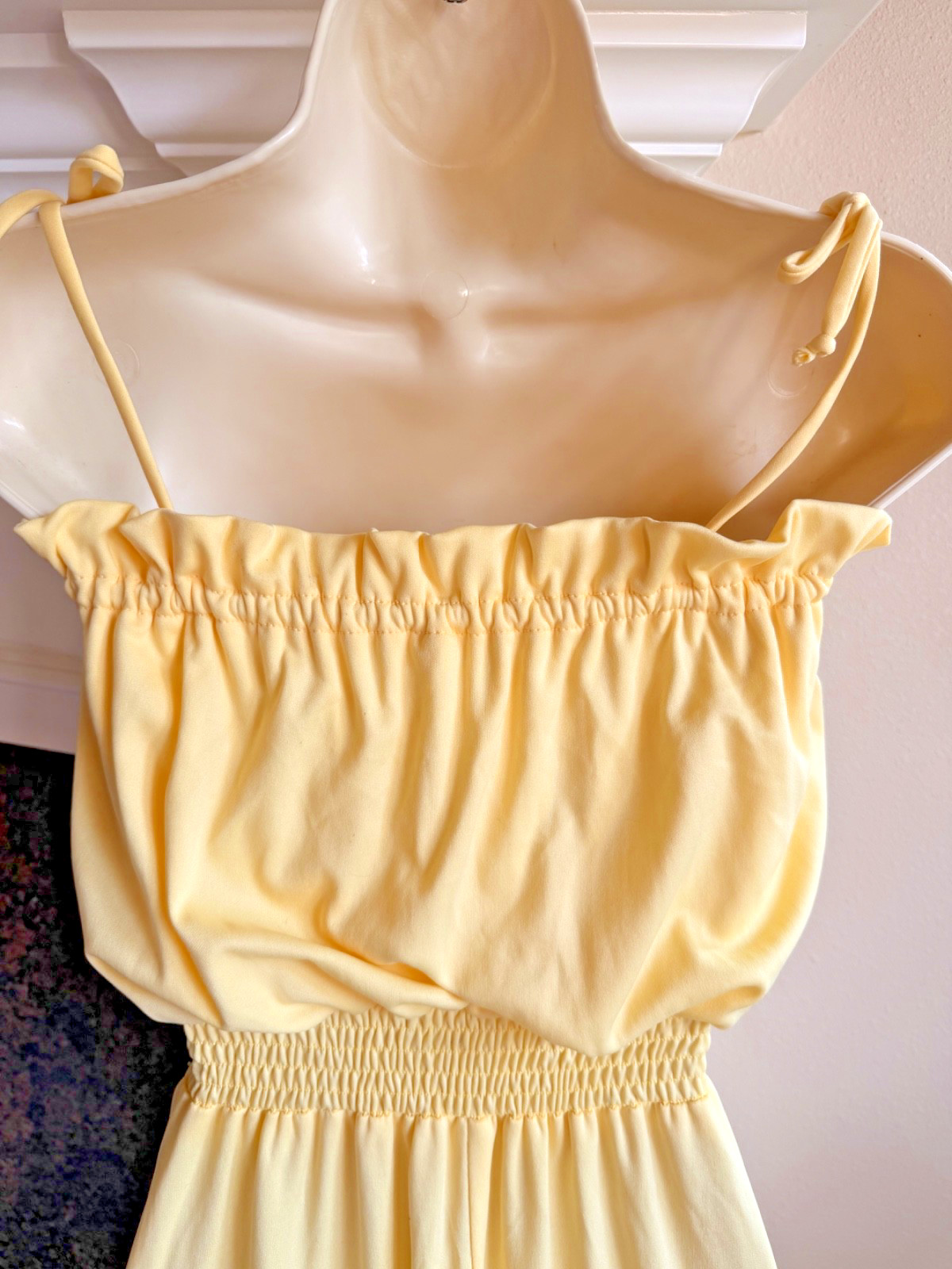 Vintage 70s Pale Yellow Floral Off Shoulder Draped Ruffle Summer Maxi Dress SM