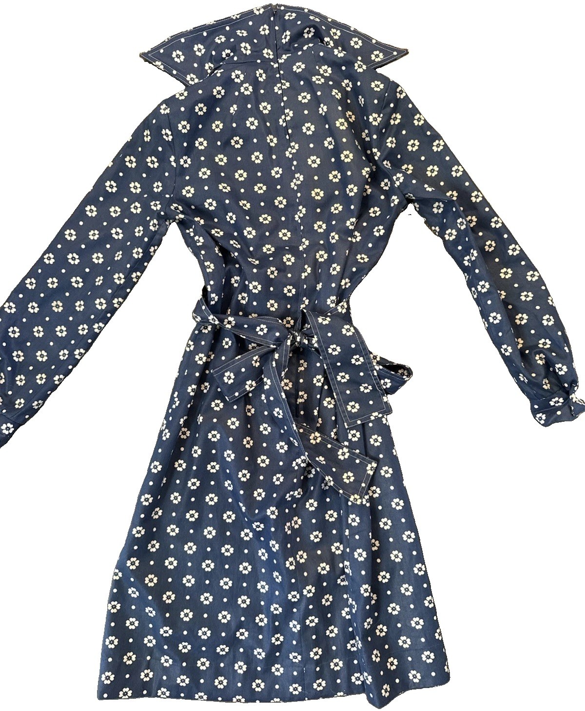 Vintage 1970s DW3 David Warren Collared Dress Navy & White Floral Belted Sz S/M