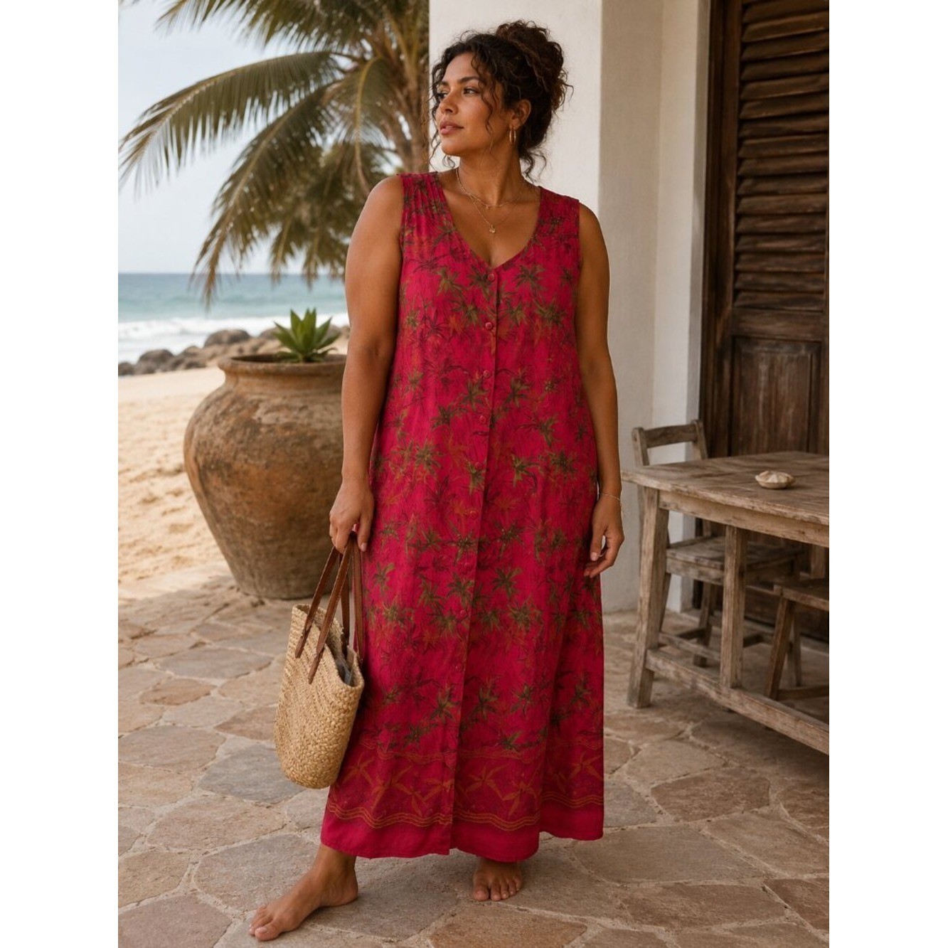 VTG 90s PENNINGTONS Tropical Palm Print Red Maxi Dress Flowy Vacation Summer L