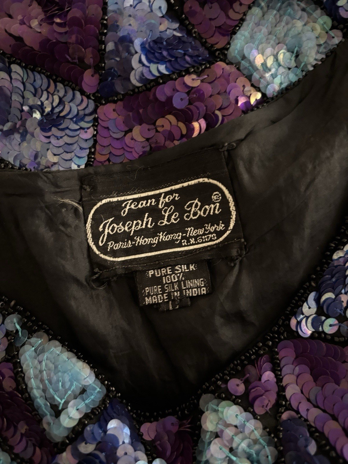 Vintage Joseph Le Bon Asian Style Mandarin Collar SS Beaded Sequin Trophy Top L