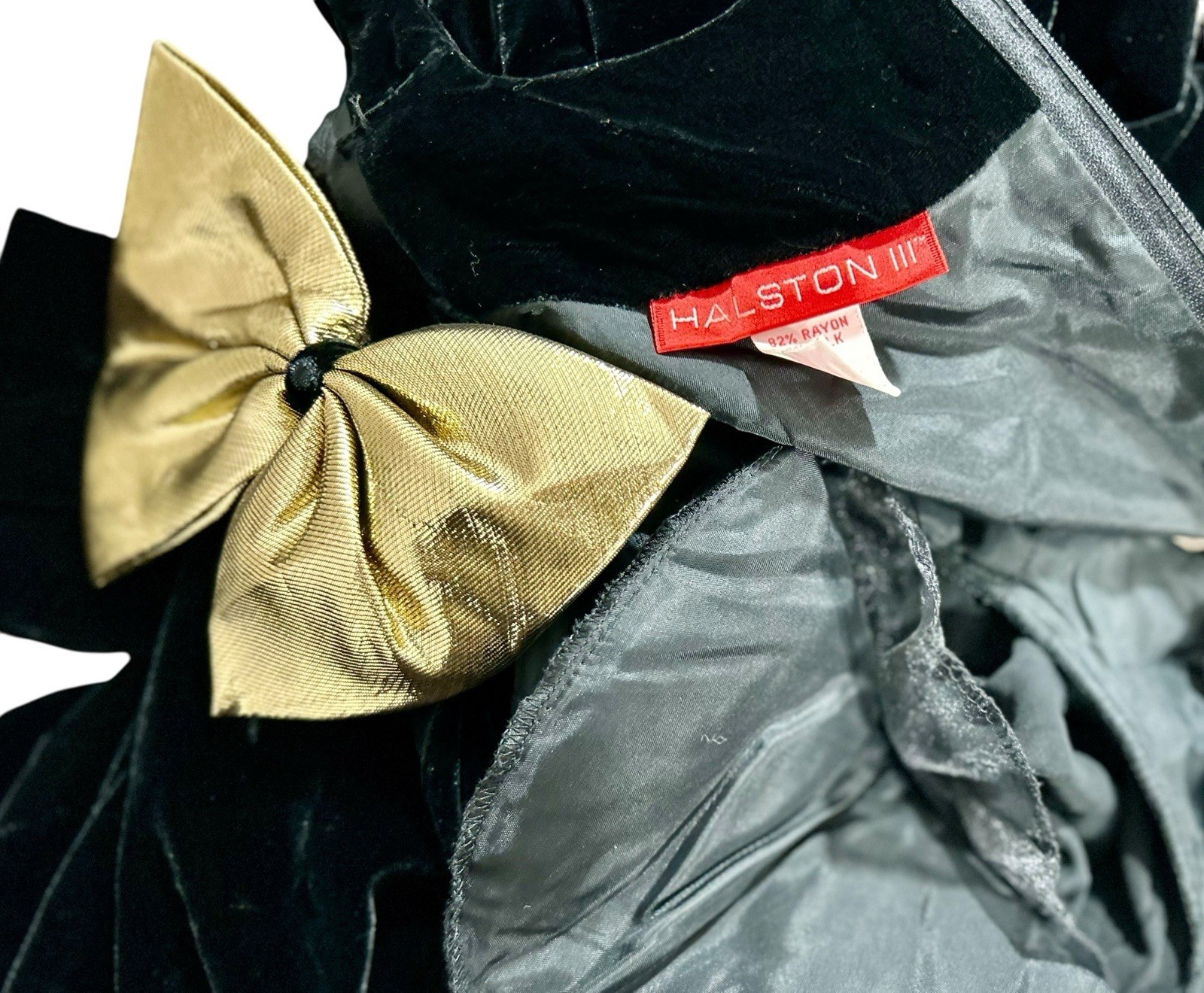 Vintage Halston III Black Velvet Dress sz8 Shoulder Pads Gold Bow Long Sleeve