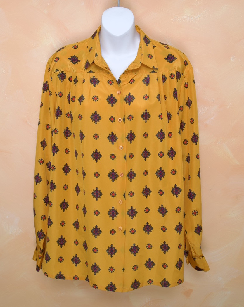 Vintage 1980s/1990s Counterparts Paisley Blouse – Size L/XL, Orange, Pleated