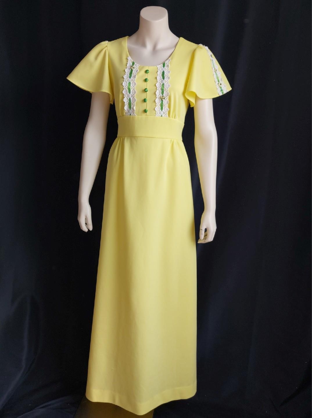 ROMANTIC BOHO Bridgerton REGENCY 1960s Vintage LACY LEMON MAXI DRESS GOWN – M