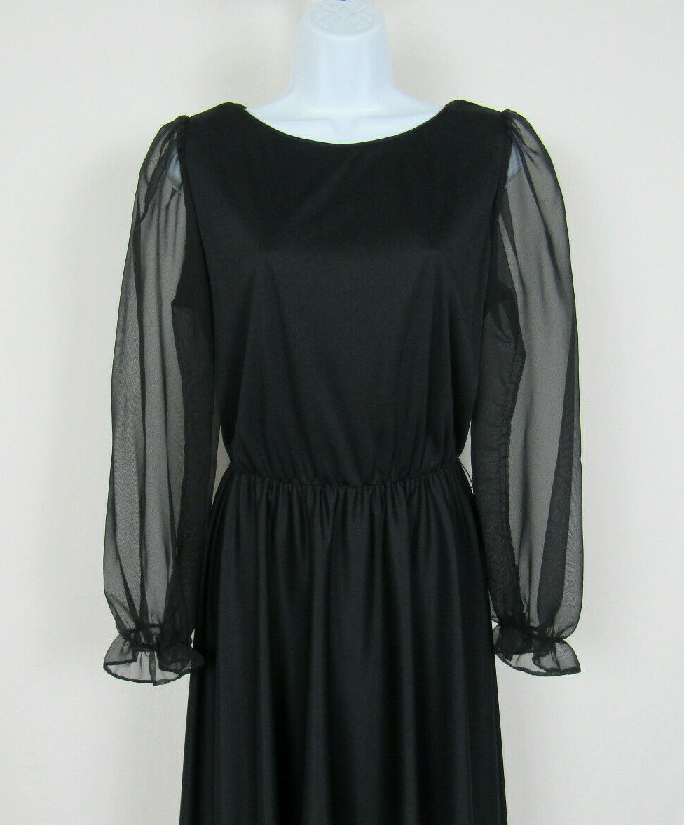 VTG 1960s GEORGE ORIGINALS BLACK DRESS SIZE 12 POLY CHIFFON ARMS RIBBON BELT