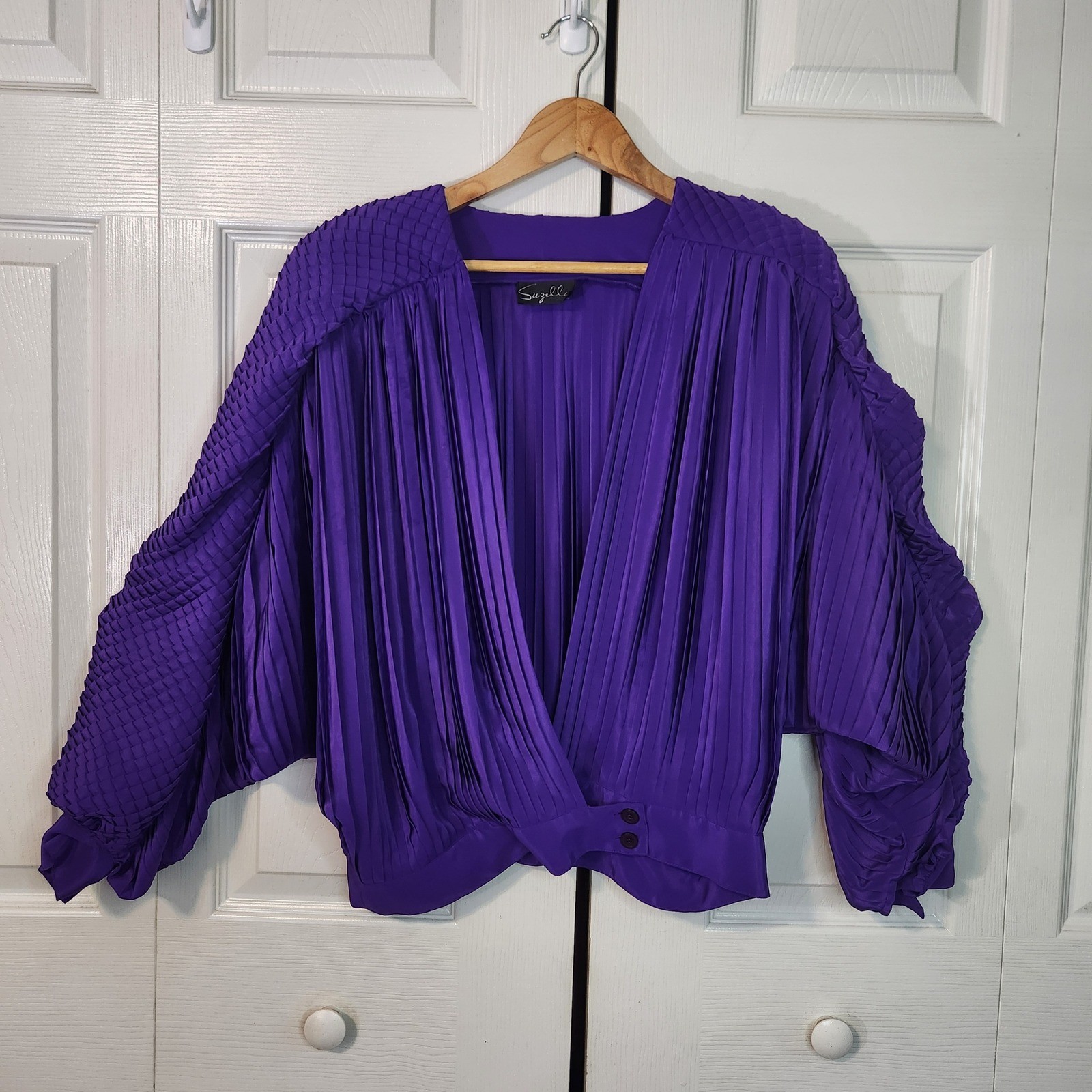 Suzelle Vintage 80s Purple Pleated Honeycomb Smocked Balloon Sleeve Blouse Med/L