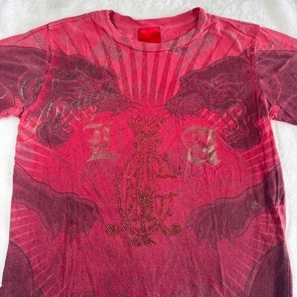 Christian Audigier Ed Hardy red lion AOP graphic top y2k vintage mcbling grunge