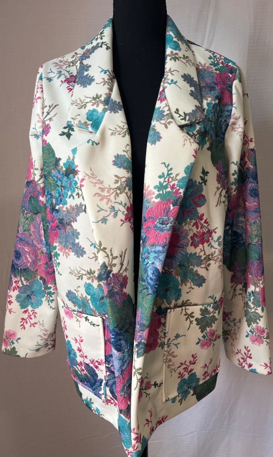 Vintage 70’s Blazer Jacket Bright Floral Lucky Winner cross stitch looking Large