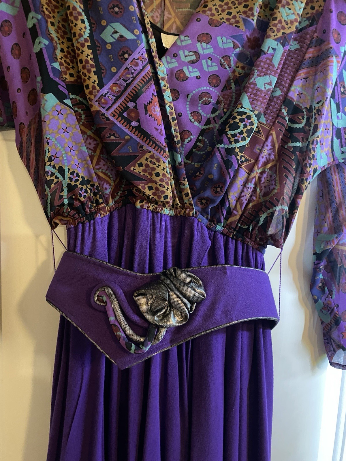 Vintage Spencer Alexis Purple Dress with Belt Geometric Print Sheer Womens 8