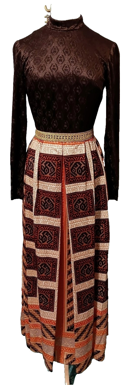 Vintage 70s Dress Brown Maxi Velvet Aztec Pixels Print Boho Hostess Gown