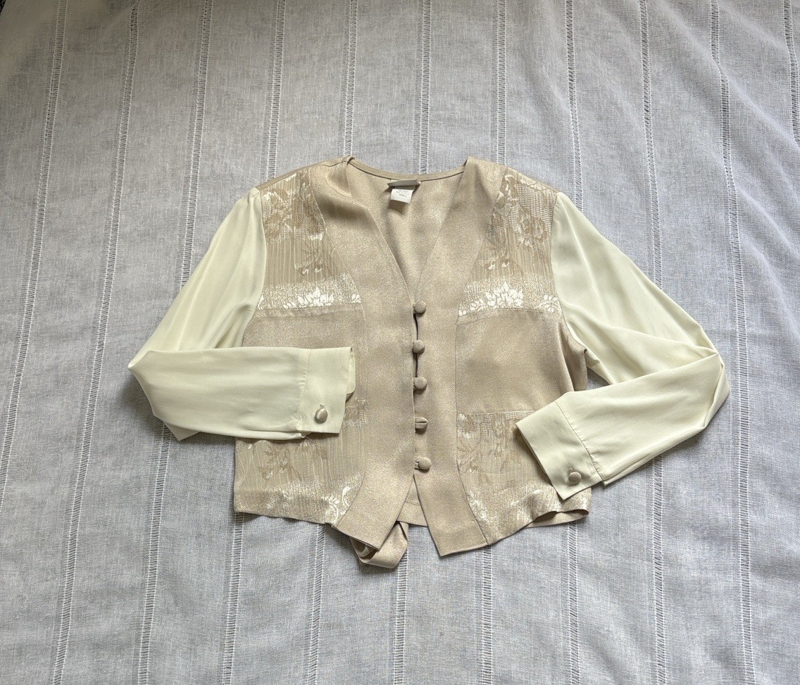 Vintage Just For Petites Beige and Cream Blouse/Vest Combination