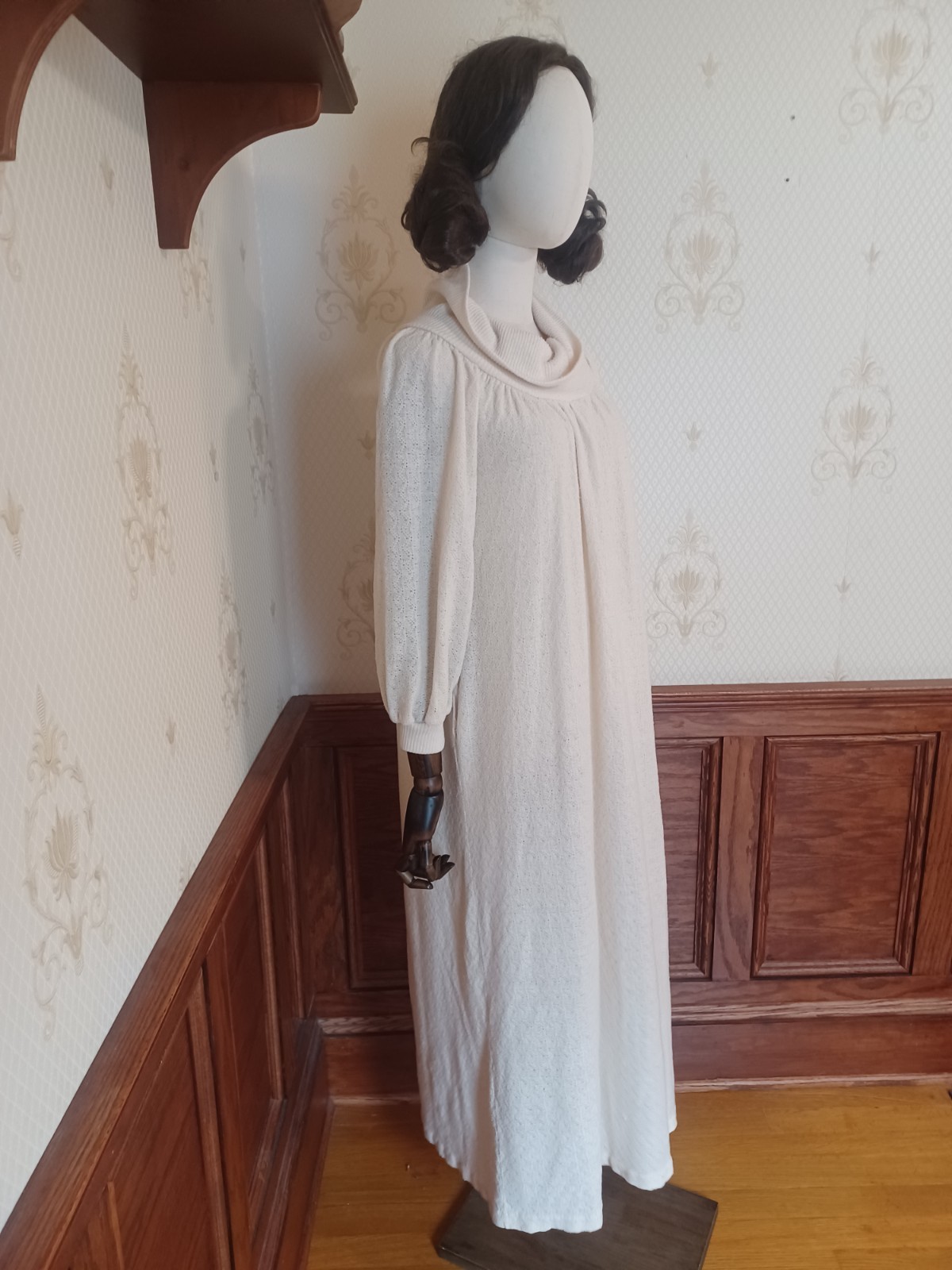 Vintage 1970s R. Michael Allen Ivory Boho Prairie Cowl Neck Knit Hostess Dress