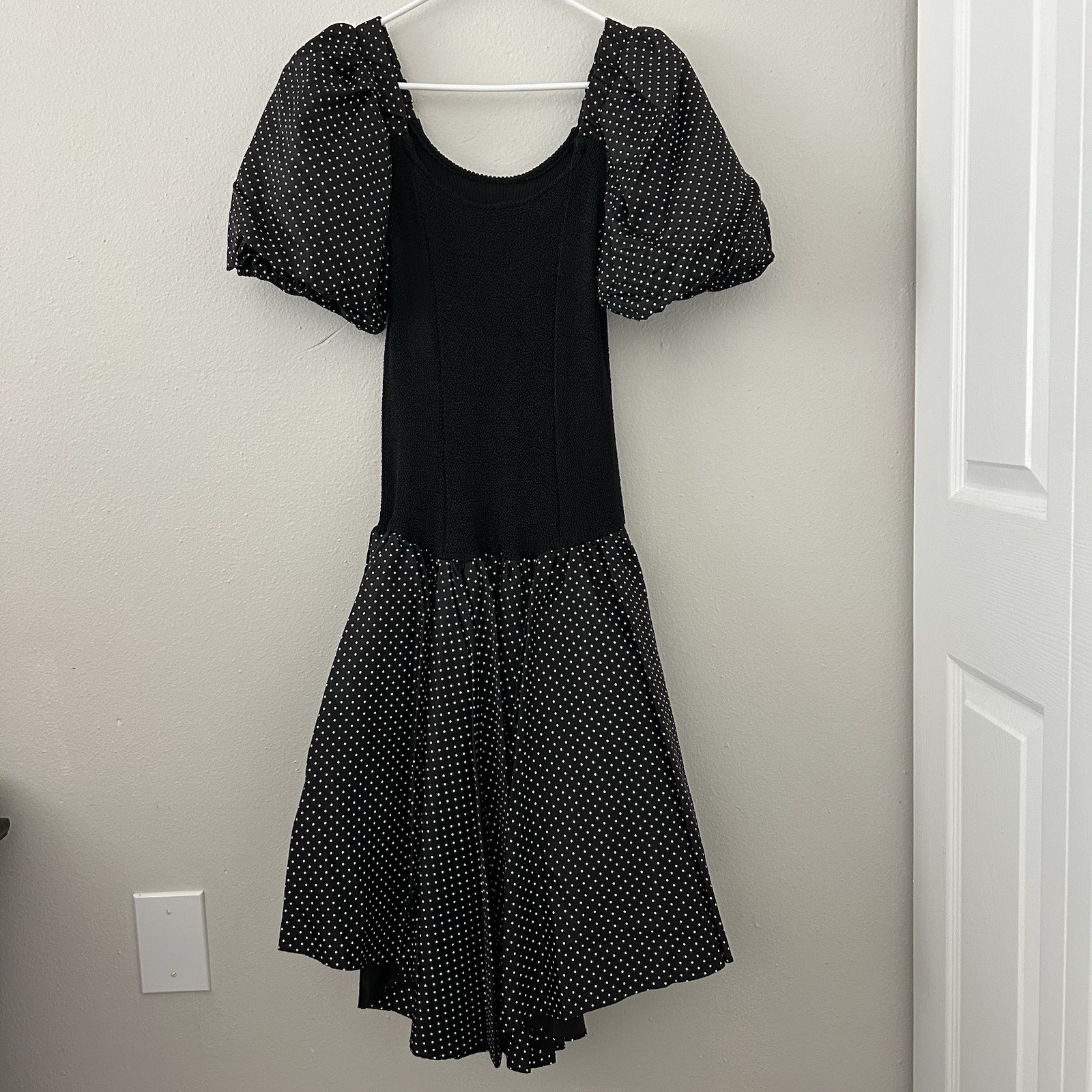 Vintage 80s Polka Dot Prom Party Dress Balloon Puff Sleeve Drop Waist Hi-Low Hem