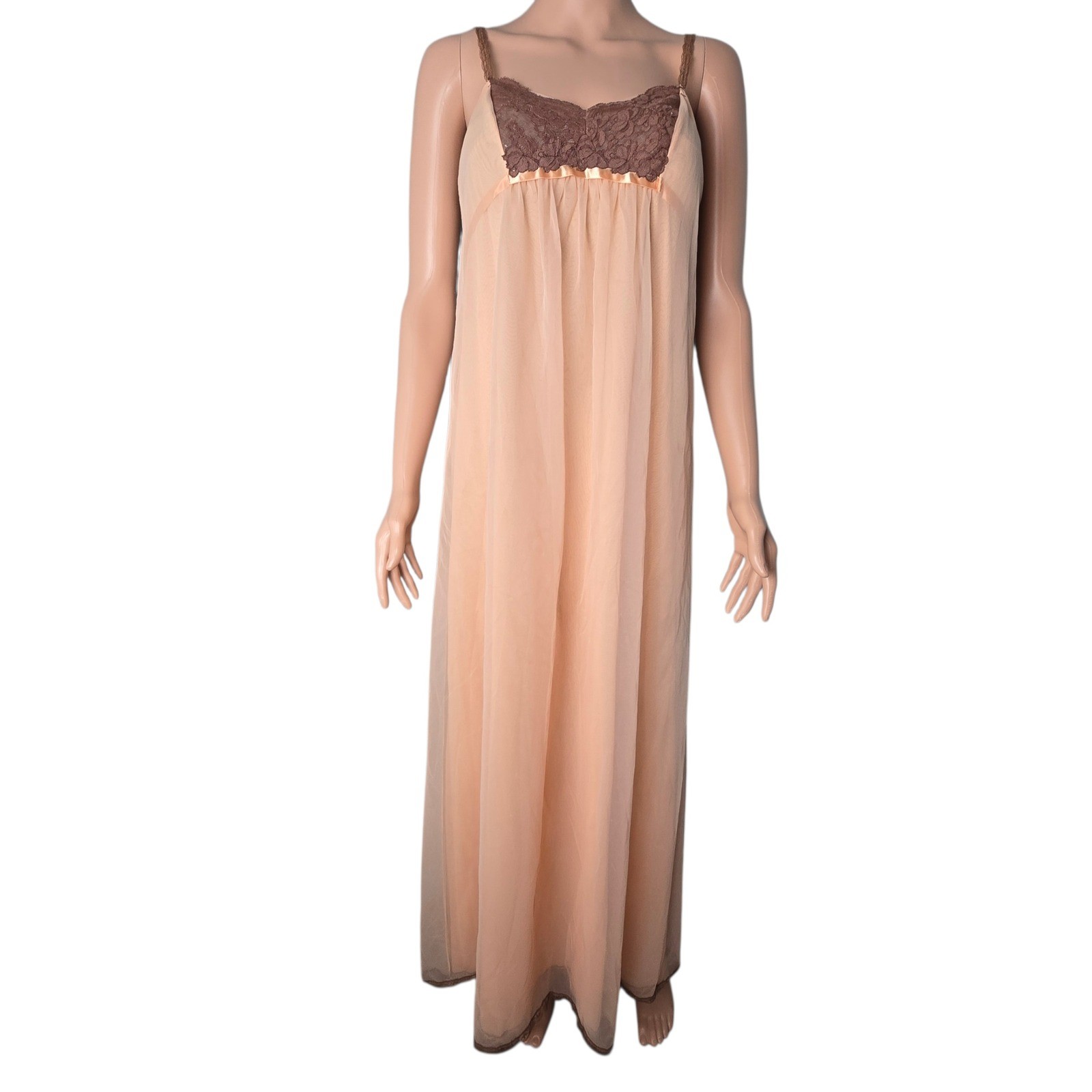 Vintage Vanity Fair Peach Nylon Nightgown Sheer Lace Overlay Empire Waist 34
