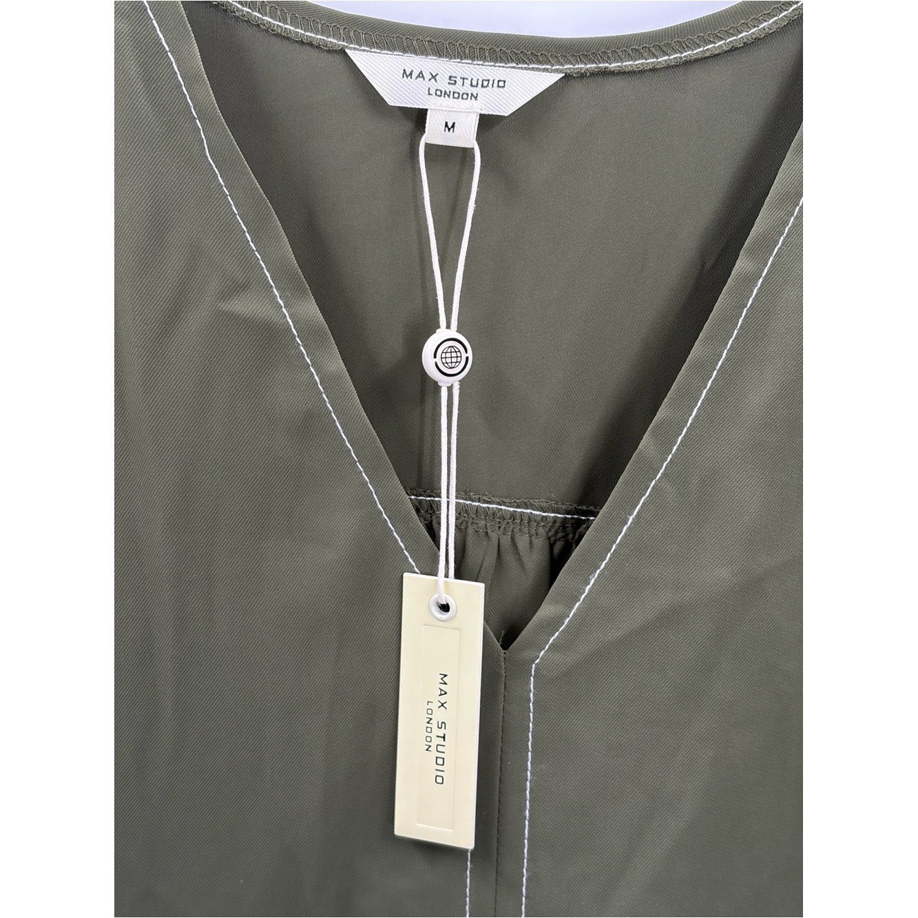 NWT Max Studio London Army Green Contrast Stitch V-Neck Top Size M
