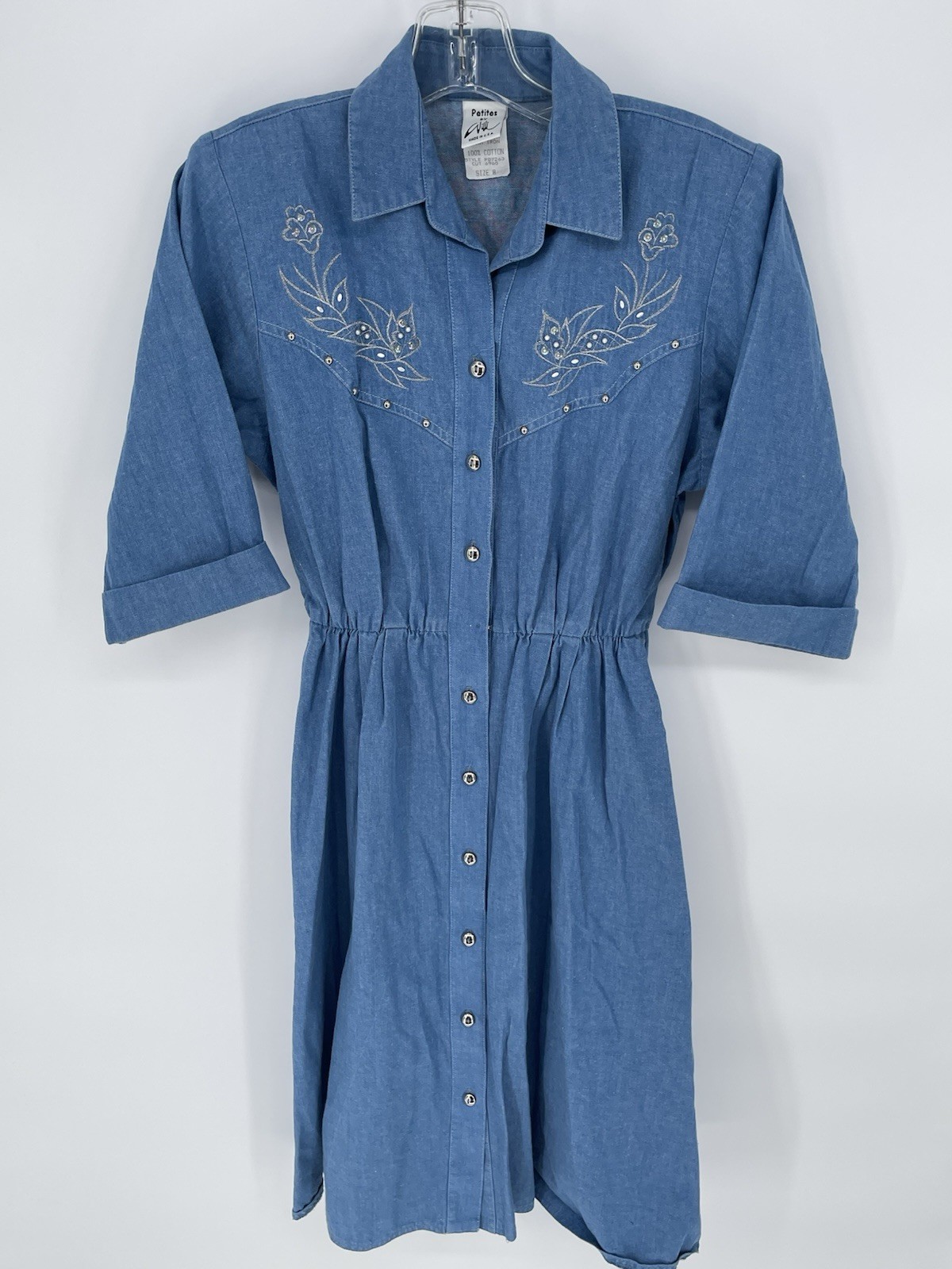 Vintage Denim Shirt Dress Petites By Willi Cinched Waist Button USA 8 Floral