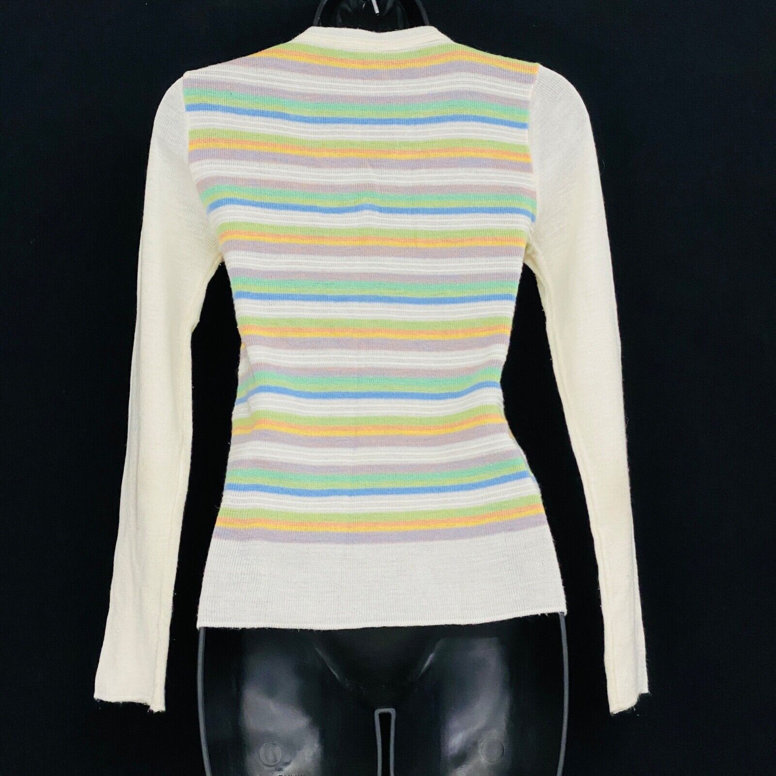 Vintage 1970s white knit top, pastel stripes long sleeve deadstock shirt sweater