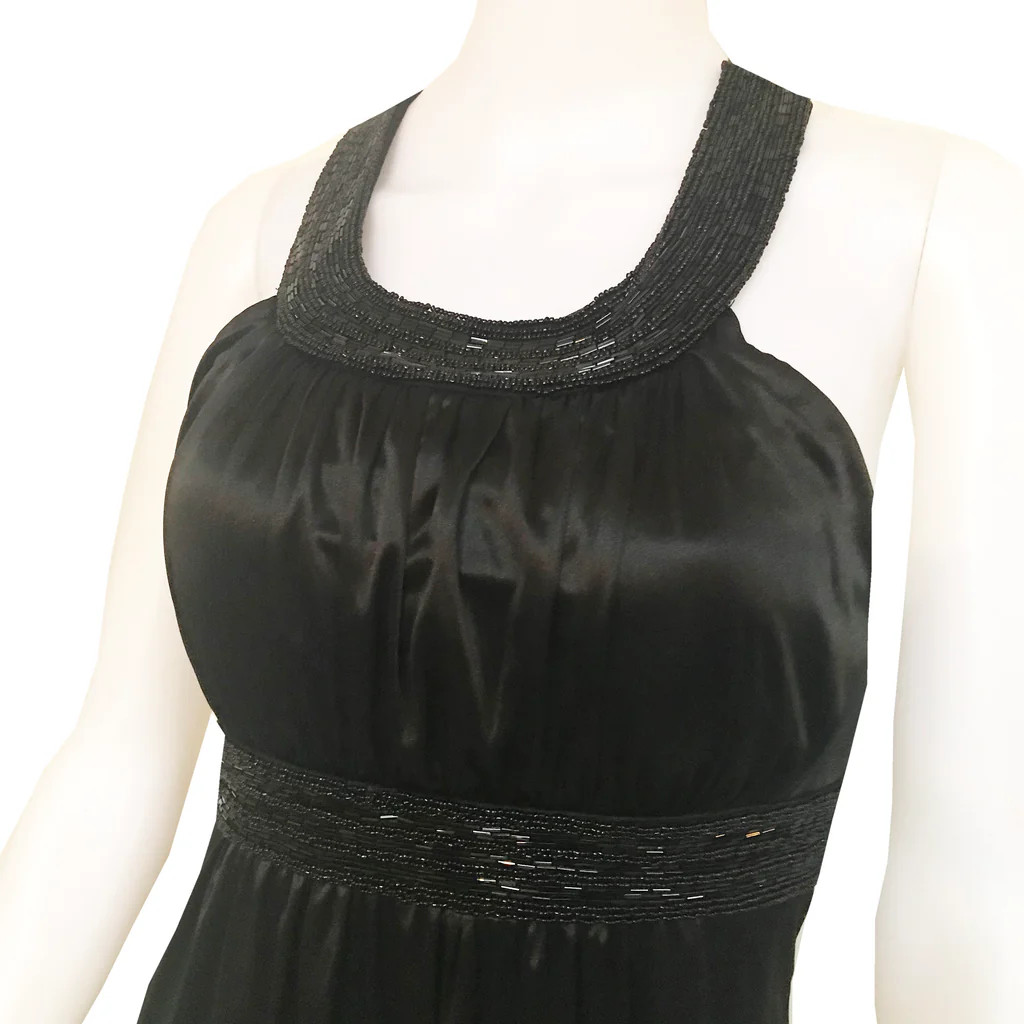 Vintage 1990s Black Satin Beaded Halter Mini Skater Dress S Cocktail Prom LBD