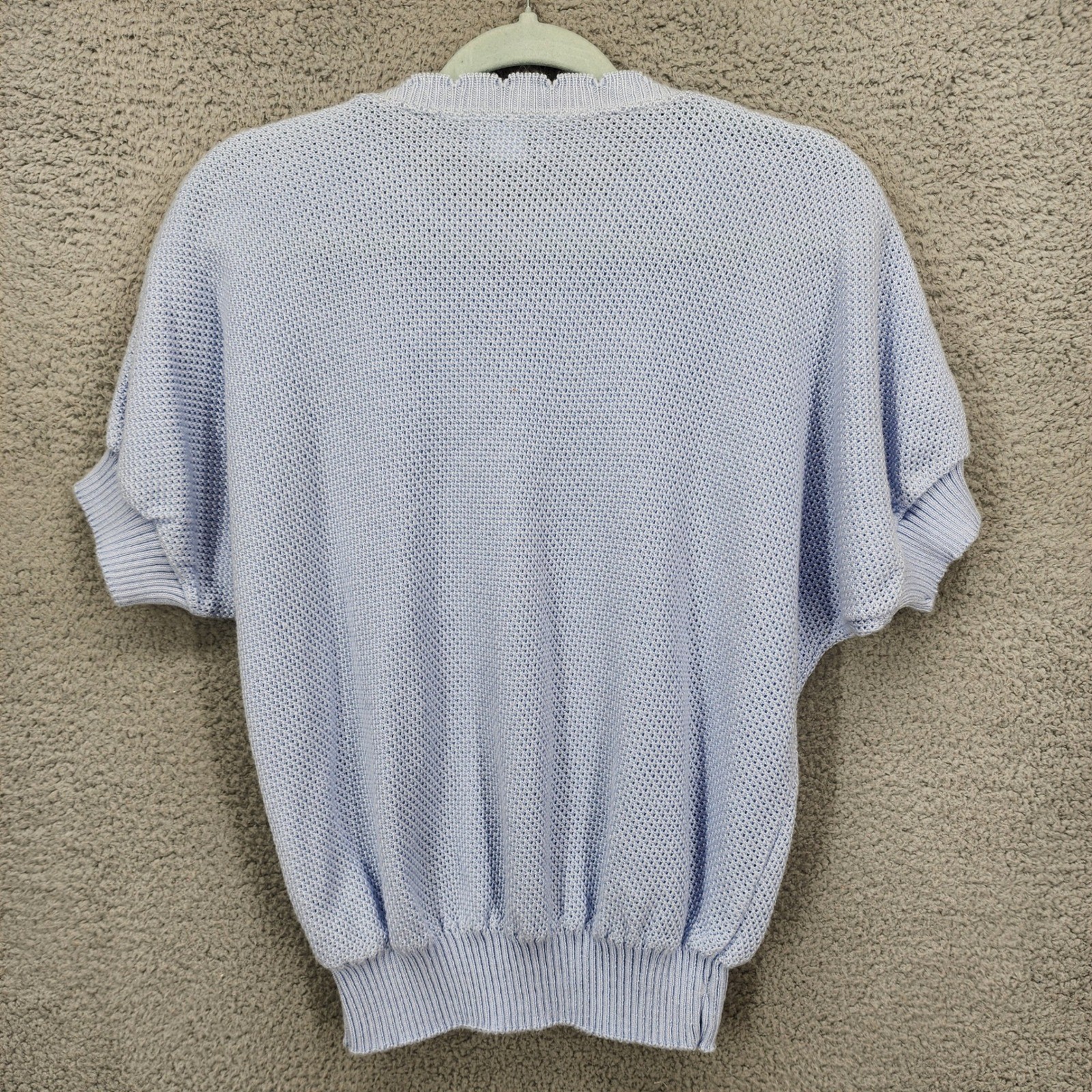 Keneth Too! Vintage Women Light Blue Pointelle Rose Short Sleeve Sweater Small
