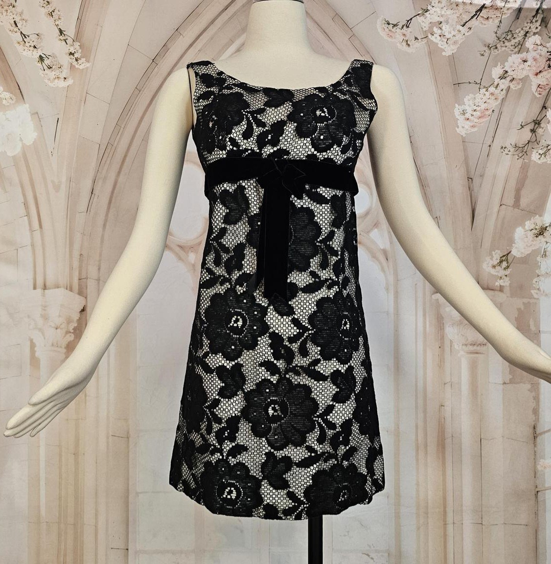 Vintage 1960s Mini Dress Black Lace Overlay Velvet Bow Miniskirt Retro Mod