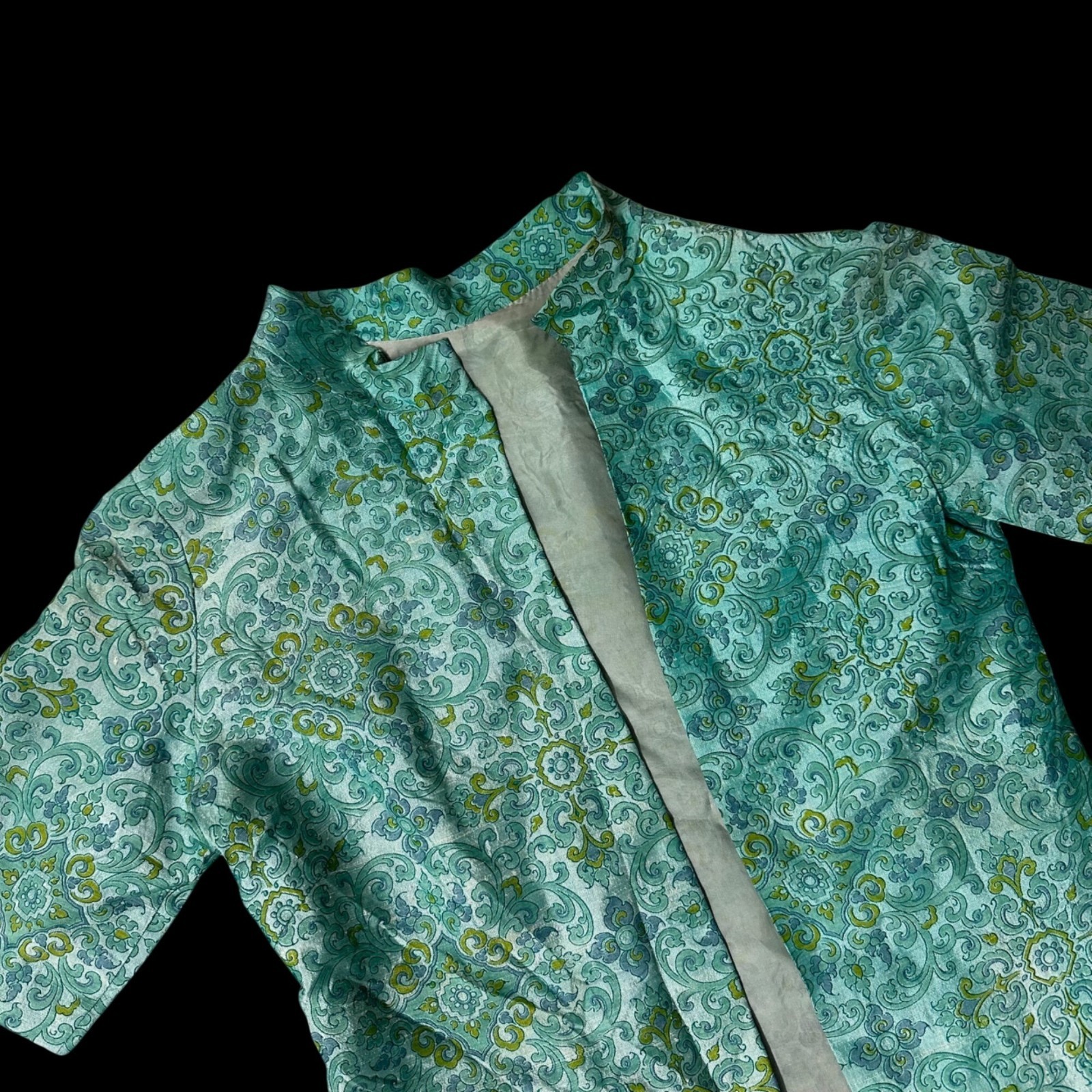 Vintage Open Front Jacket Short Sleeves Teal Green Paisley Handmade 50s Floral