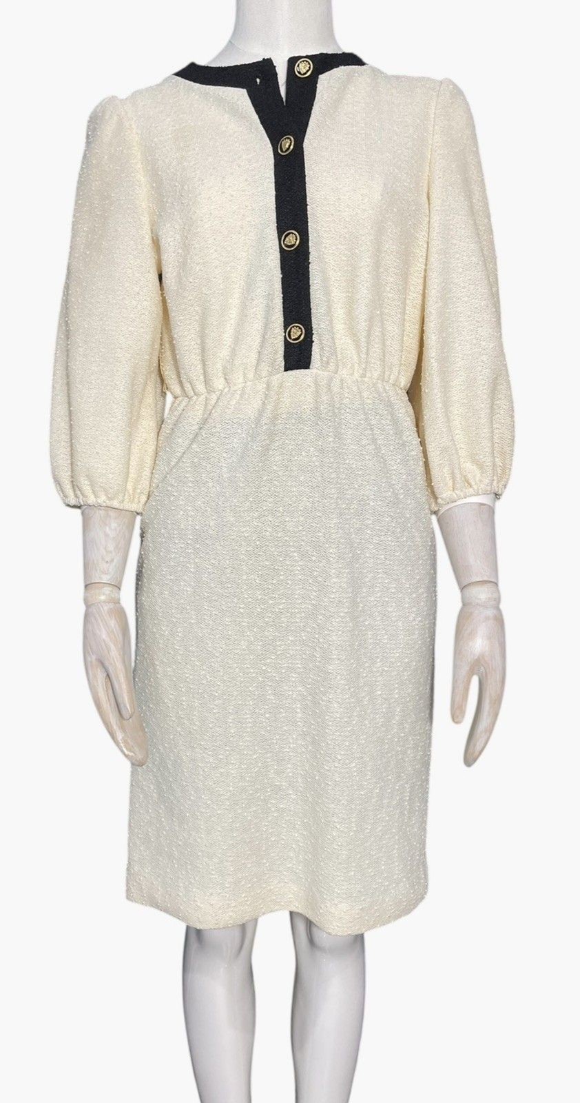 Vintage 80s Cream Textured Dress Black Trim Gold Buttons Midi Preppy Women 8