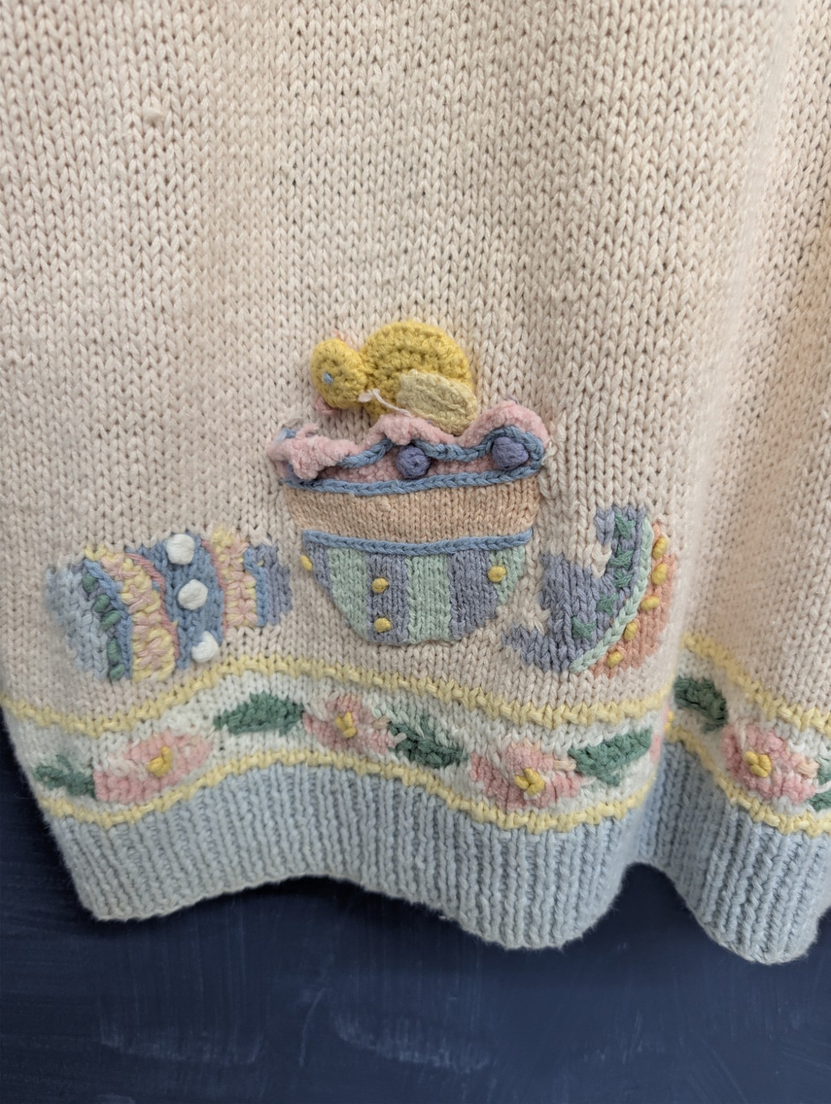 Vintage 90s Marisa Christina XL Sweater Hand Knit Cardigan Easter Bunny
