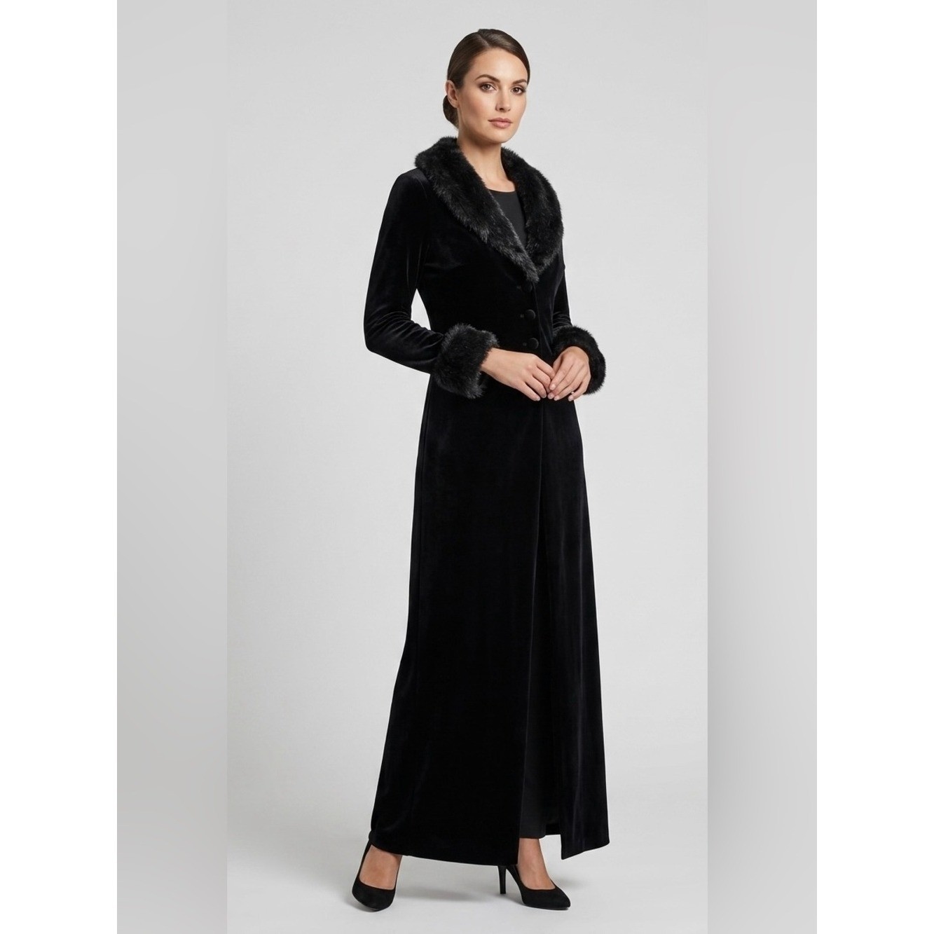 Vintage 90s Jump Apparel Black Velvet Faux Fur Trim Maxi Duster Cardigan