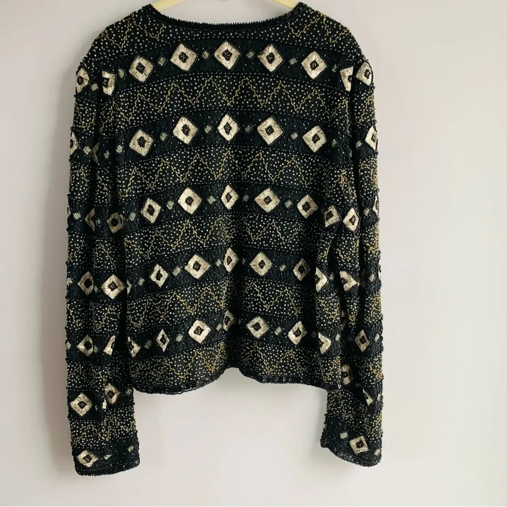 Vintage Silk 'Papell Boutique; Beaded Evening Jacket Black Silver Gold Luxury S