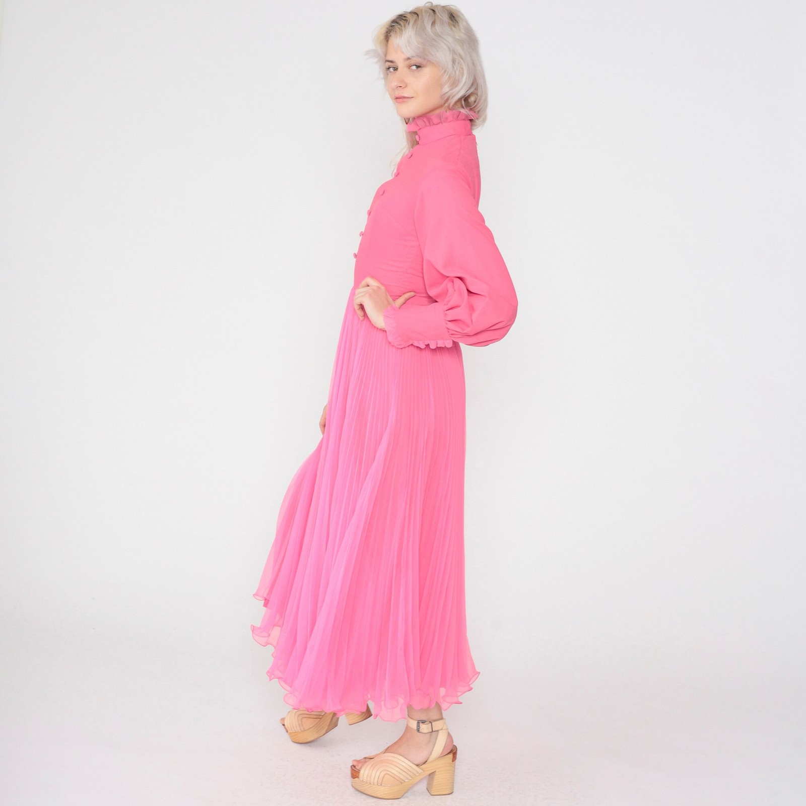 Hot Pink Dress 70s Maxi Dress Long Balloon Sleeve High Neck Ruffled Pleated Chif