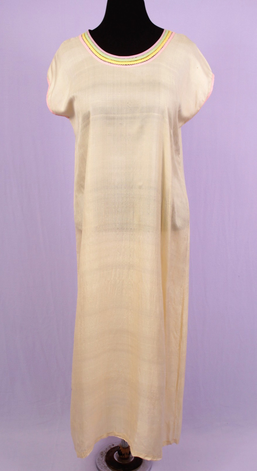 VTG Women’s 20s Peach Silk Slip Dress W/ Rainbow Trim Collar M/L 1920s Nightgown