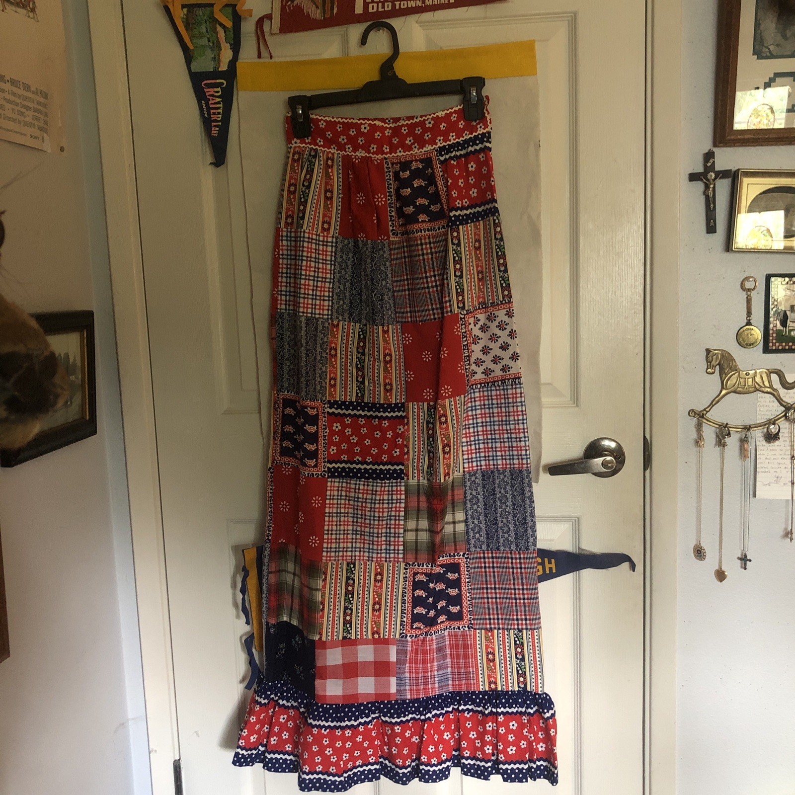 Vintage 70s Patchwork Maxi Skirt XS Red Boho Cottagecore Peasant Prairie