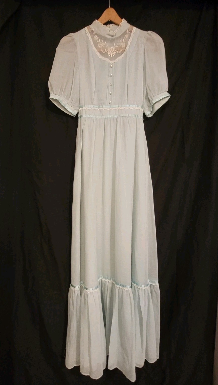 Blue Candi Jones Vintage Dress Size XS Lace Prarie 1970s