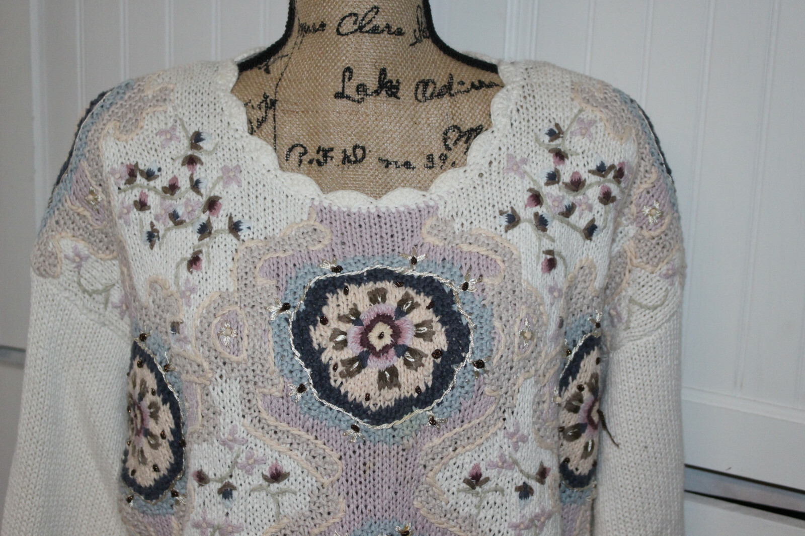 Vtg Jennifer Reed Hand Knit Long Crew Floral Medallion Embroidered Sweater XL