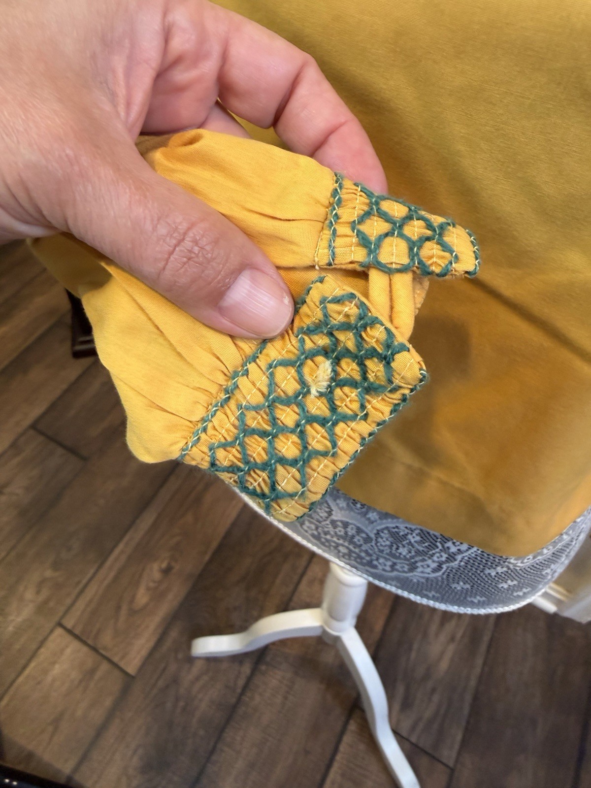 Vintage Avalo Small Mustard Yellow Smocked Crochet Boho Blouse Cottage Core Top