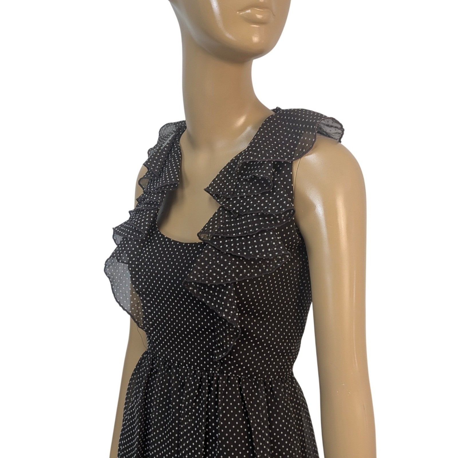 Vintage 60s Rodrigues Chocolate Brown Mod Polka Dot Ruffle Neck A-Line MiniDress